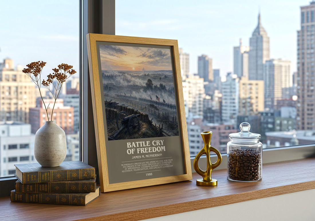 Battle Cry of Freedom Bookish Wall Art by James M. McPherson – framed print on a city-view windowsill