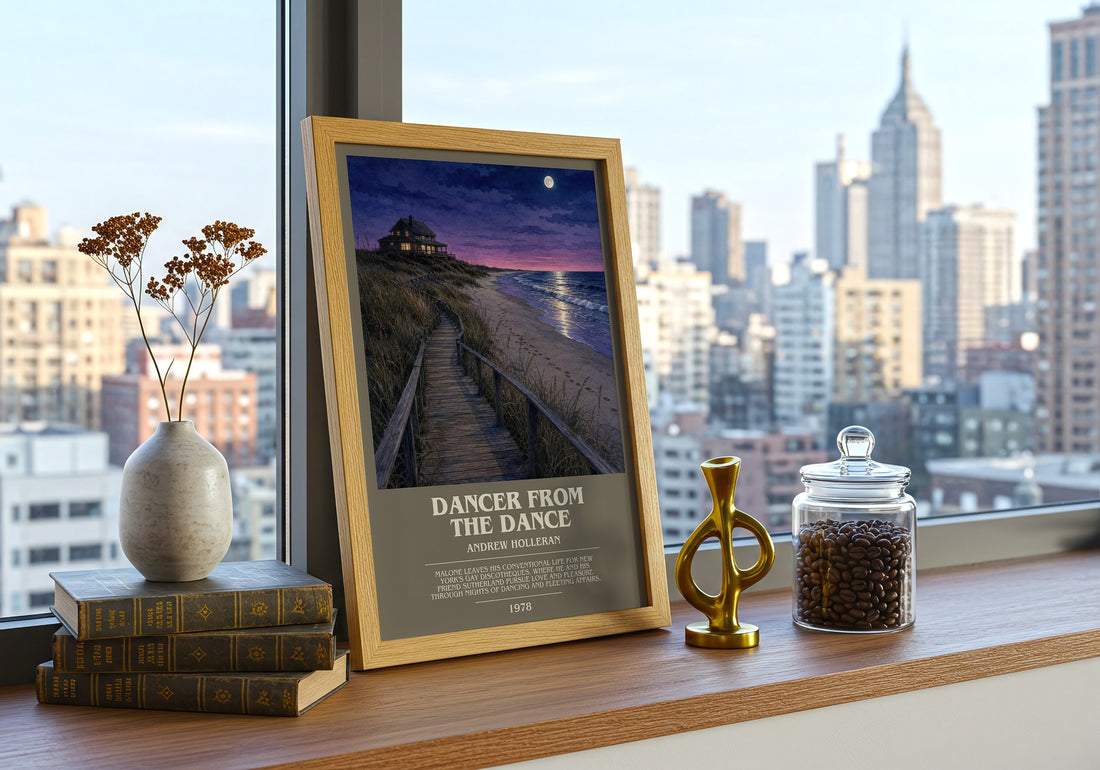 Dancer From The Dance Bookish Wall Art by Andrew Holleran – framed print on a city-view windowsill