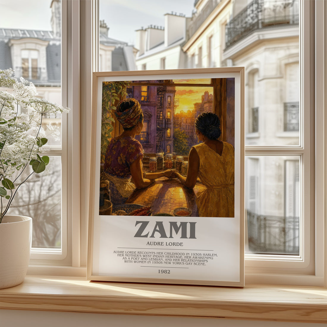 Zami Bookish Wall Art by Audre Lorde – framed print by a bright window