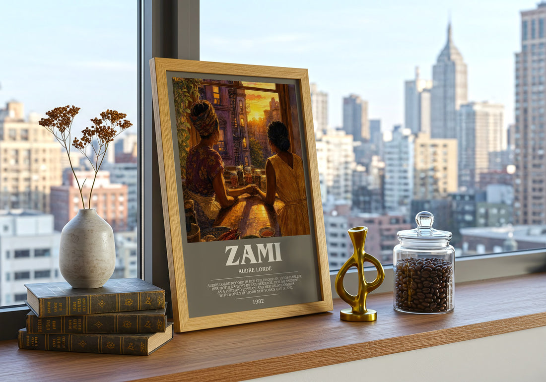 Zami Bookish Wall Art by Audre Lorde – framed print on a city-view windowsill