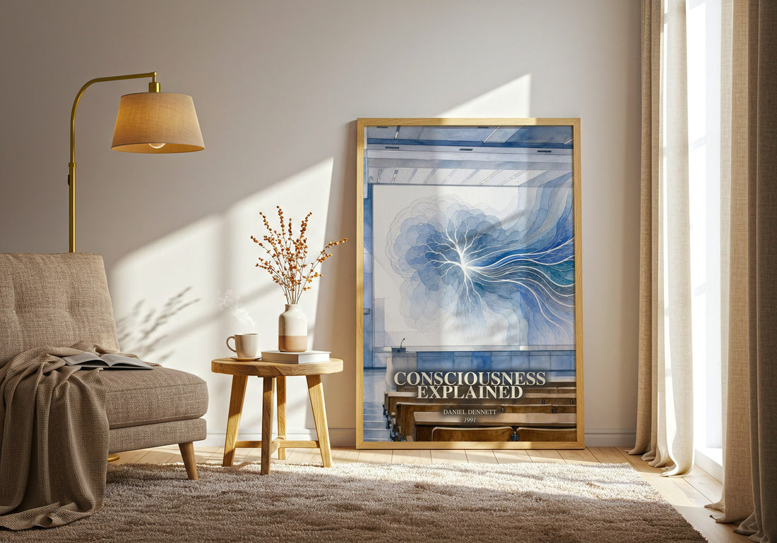 Consciousness Explained watercolour print in frame leaning in hallway – philosophy wall art