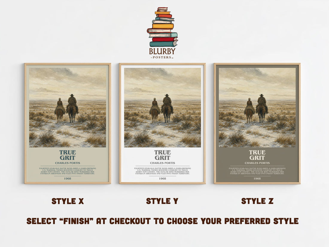 True Grit Bookish Wall Art by Charles Portis – Style X, Y and Z side by side – choose your finish