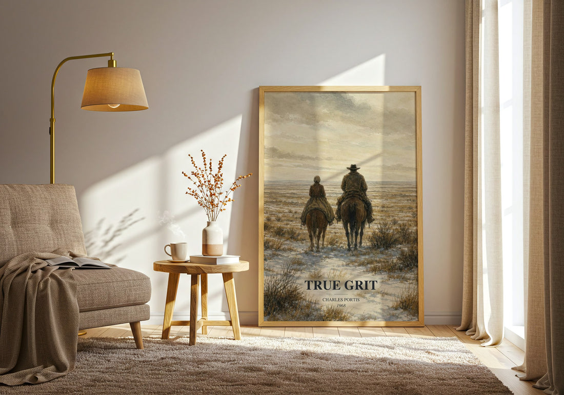 True Grit watercolour print in frame leaning in hallway – adventure wall art