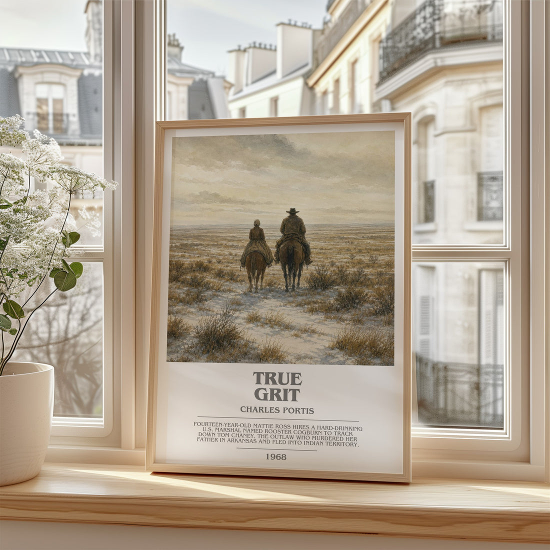True Grit Bookish Wall Art by Charles Portis – framed print by a bright window
