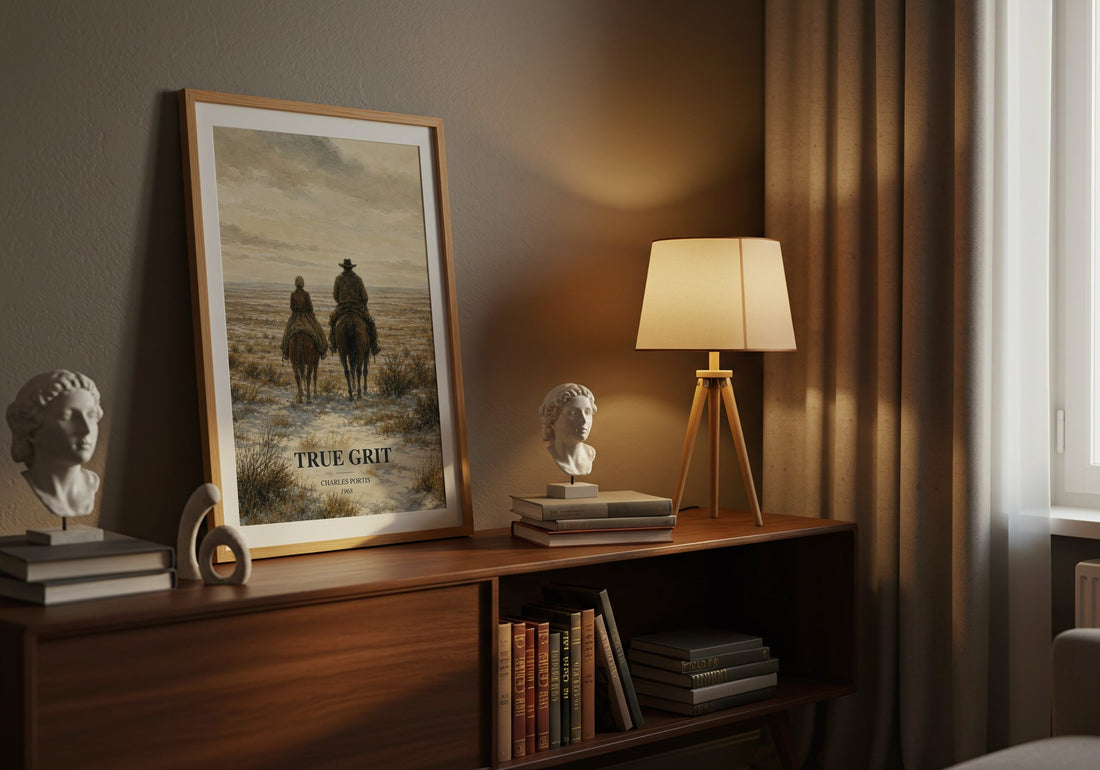 True Grit watercolour print on bookshelf – Charles Portis fan gift