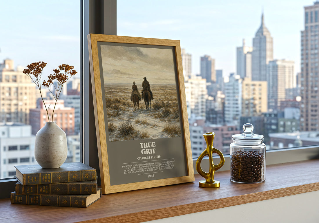 True Grit Bookish Wall Art by Charles Portis – framed print on a city-view windowsill