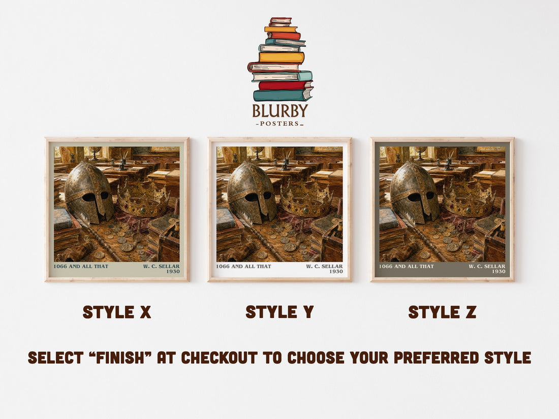 1066 And All That literary print in frame leaning in hallway – satire wall art (mockup)