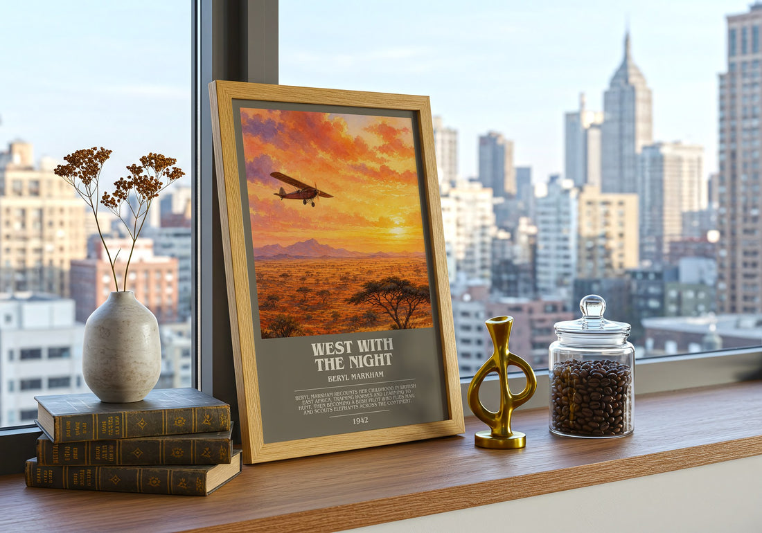 West With the Night Bookish Wall Art by Beryl Markham – framed print on a city-view windowsill