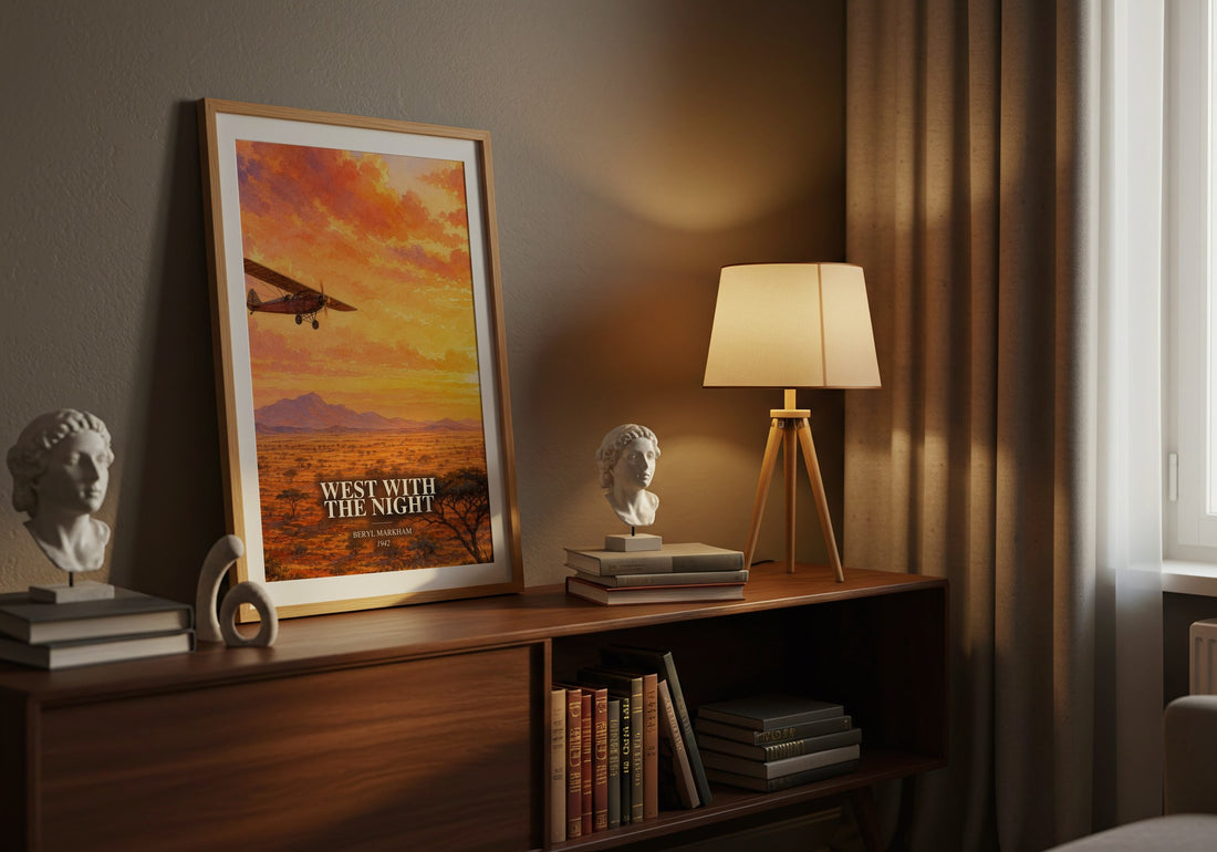 West With the Night watercolour print on bookshelf – Beryl Markham fan gift
