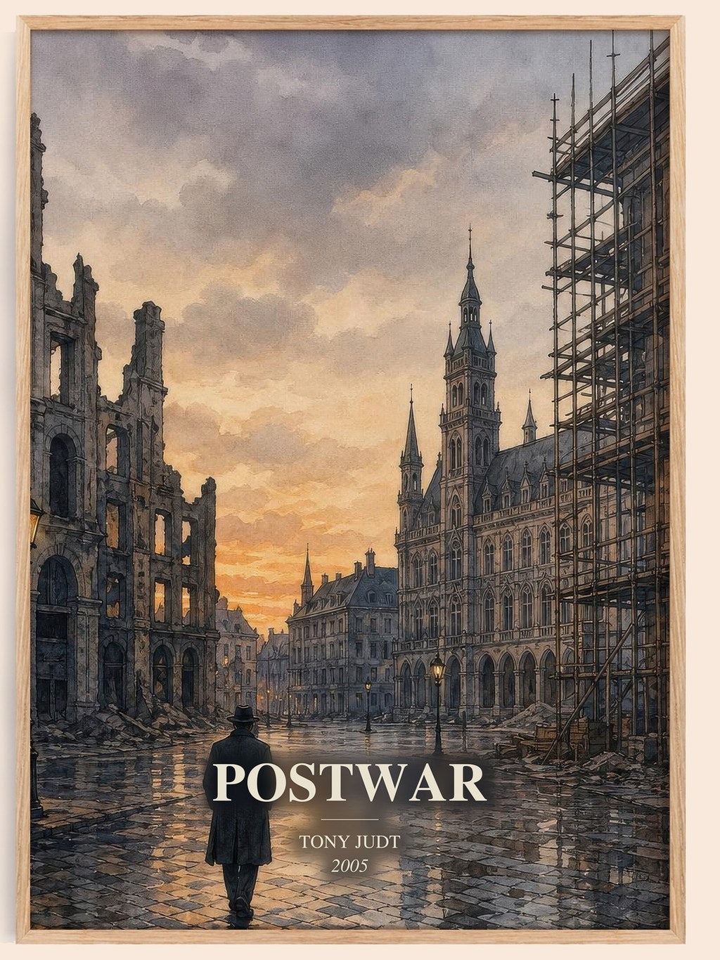 Postwar watercolour book poster by Tony Judt – framed literary art print