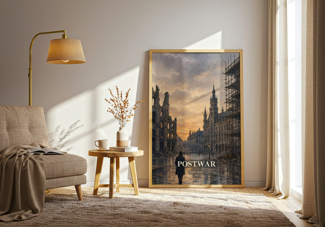 Postwar watercolour print in frame leaning in hallway – non fiction wall art
