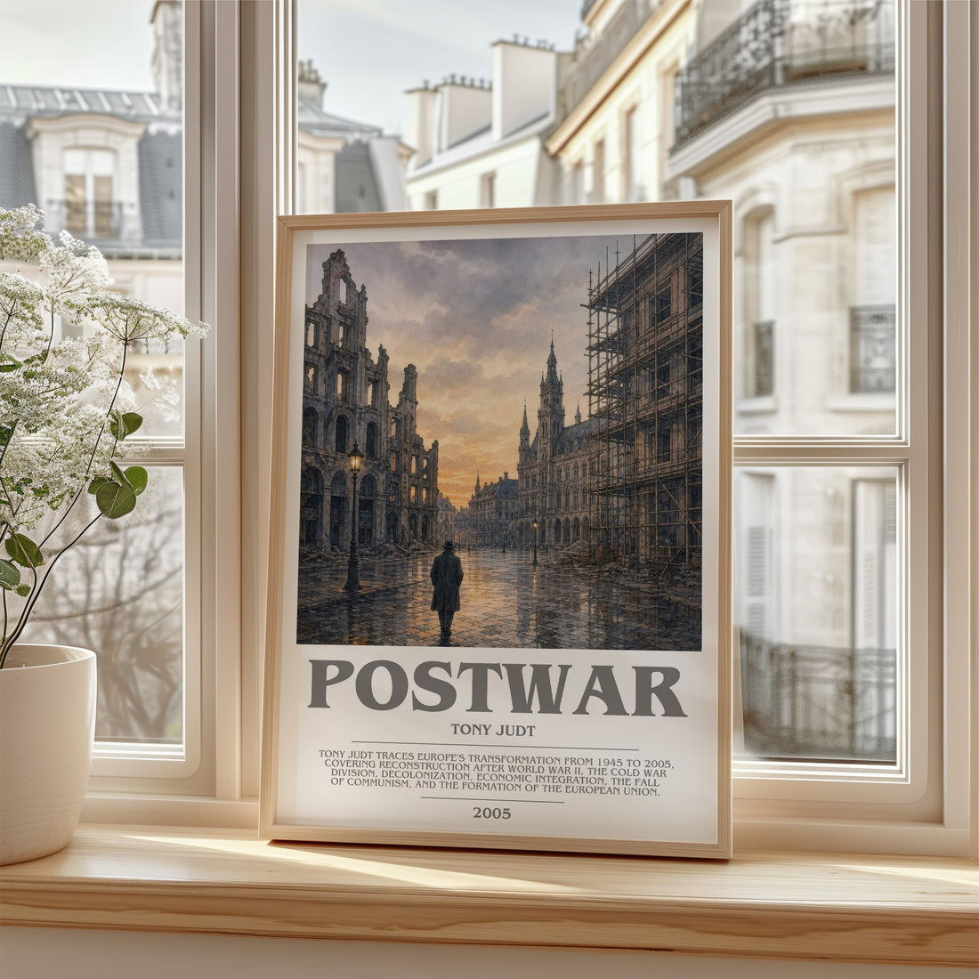 Postwar Bookish Wall Art by Tony Judt – framed print by a bright window