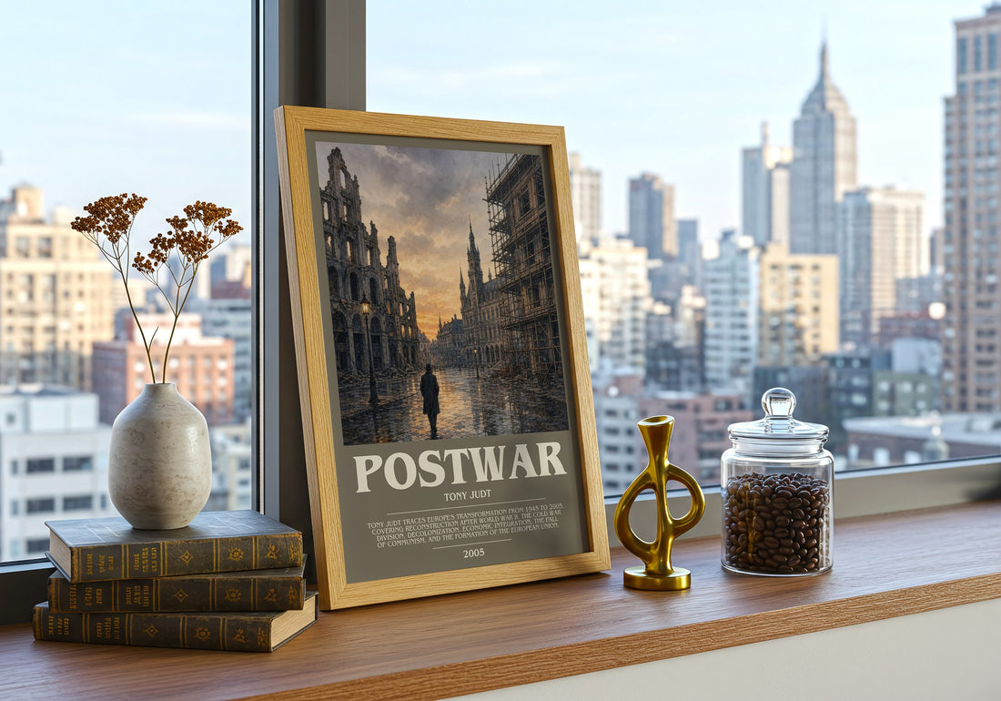 Postwar Bookish Wall Art by Tony Judt – framed print on a city-view windowsill