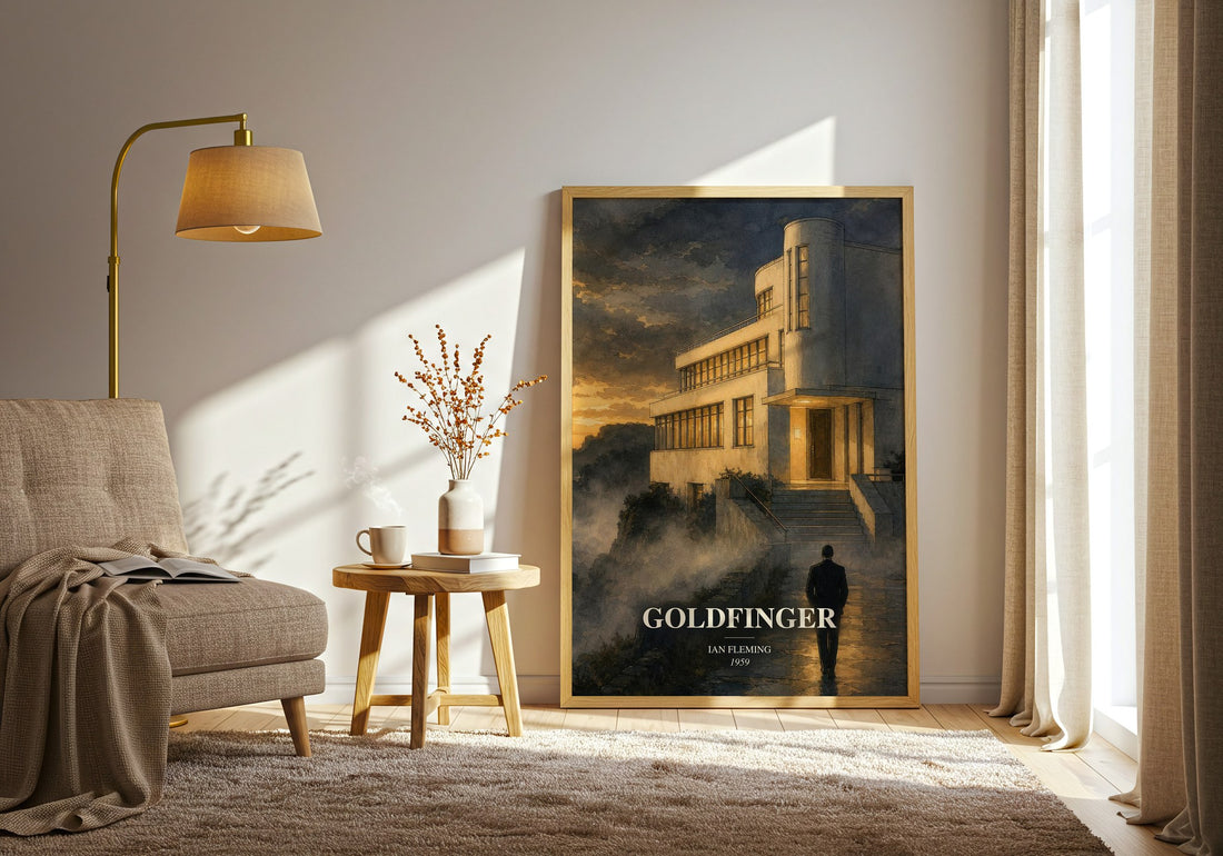Goldfinger watercolour print in frame leaning in hallway – thriller wall art