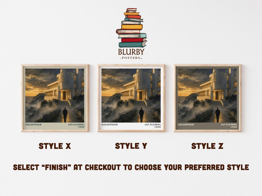 Goldfinger literary print in frame leaning in hallway – thriller wall art (mockup)