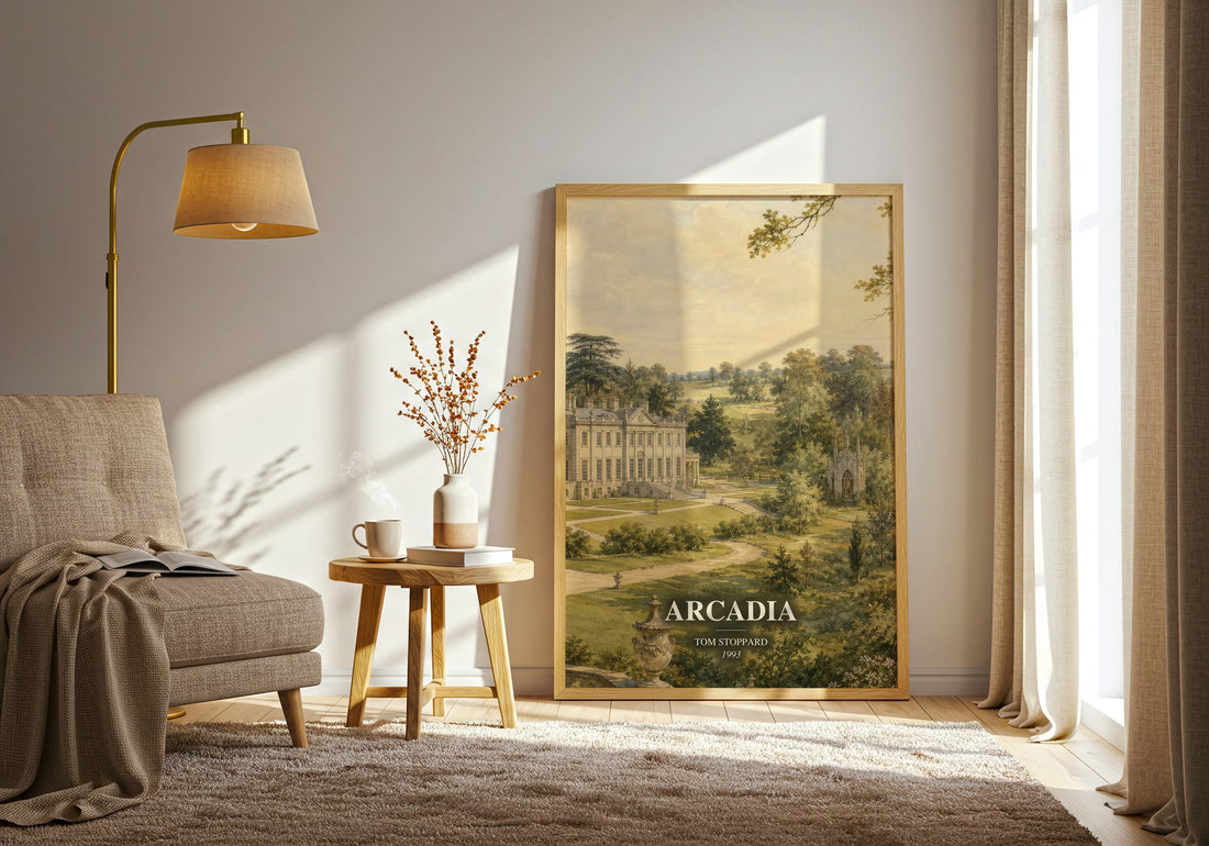 Arcadia watercolour print in frame leaning in hallway – literary fiction wall art