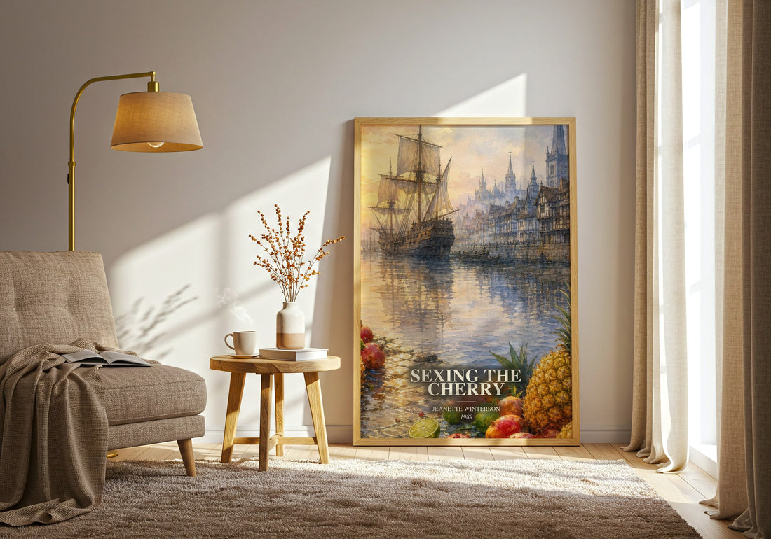 Sexing the Cherry watercolour print in frame leaning in hallway – literary fiction wall art