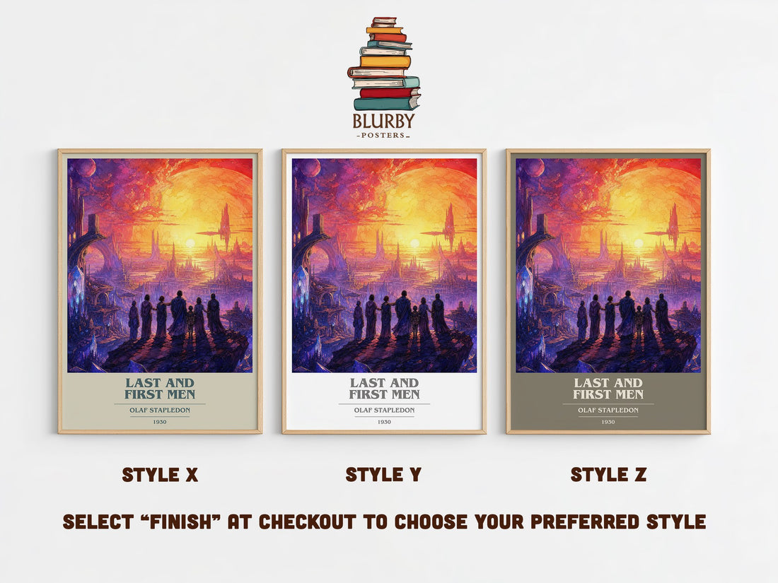 Last And First Men book cover print in frame leaning in hallway – sci fi wall art (mockup)