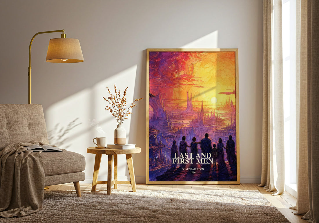 Last And First Men watercolour print in frame leaning in hallway – sci fi wall art