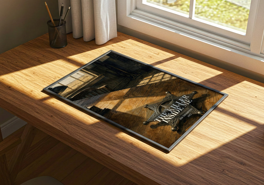 The Killer Inside Me watercolour book poster framed on wall – crime wall art