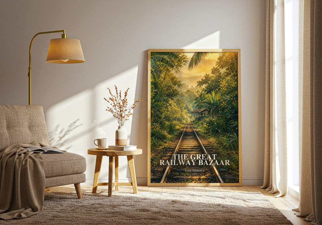 The Great Railway Bazaar watercolour print in frame leaning in hallway – non fiction wall art