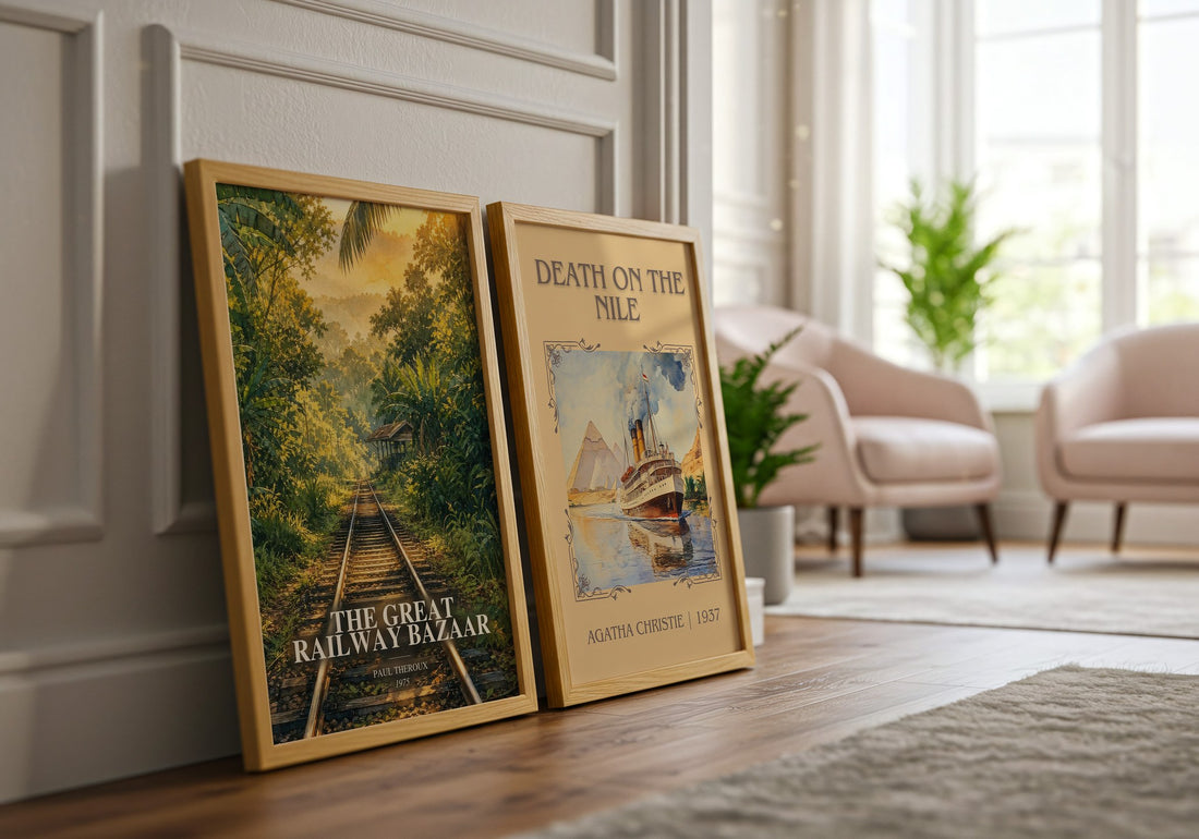 The Great Railway Bazaar watercolour print framed by window – literary home decor