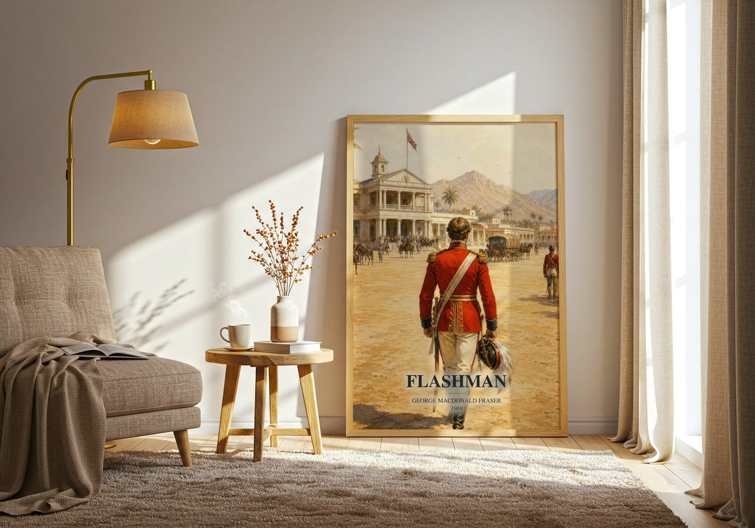 Flashman watercolour print in frame leaning in hallway – historical fiction wall art