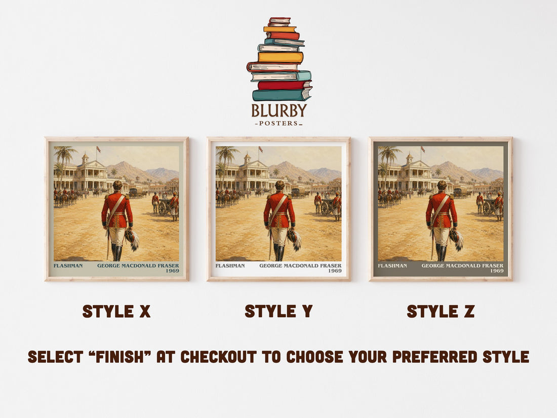 Flashman literary print in frame leaning in hallway – historical fiction wall art (mockup)