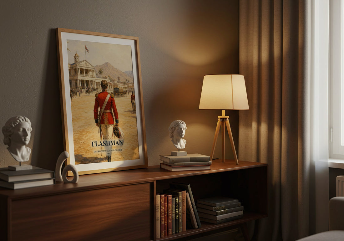 Flashman watercolour print on bookshelf – George MacDonald Fraser fan gift