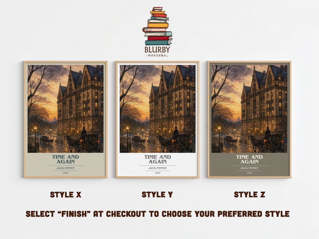 Time and Again book cover print in frame leaning in hallway – historical fiction wall art (mockup)