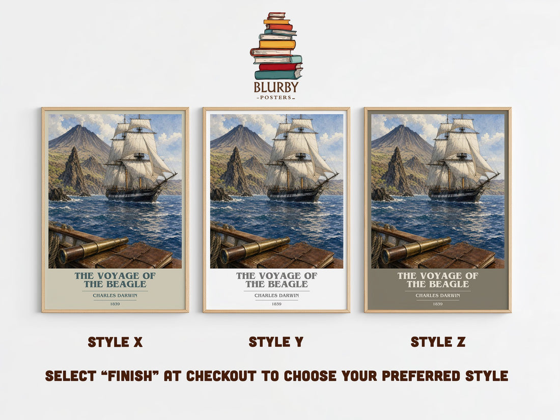 The Voyage of the Beagle book cover print in frame leaning in hallway – non fiction wall art (mockup)