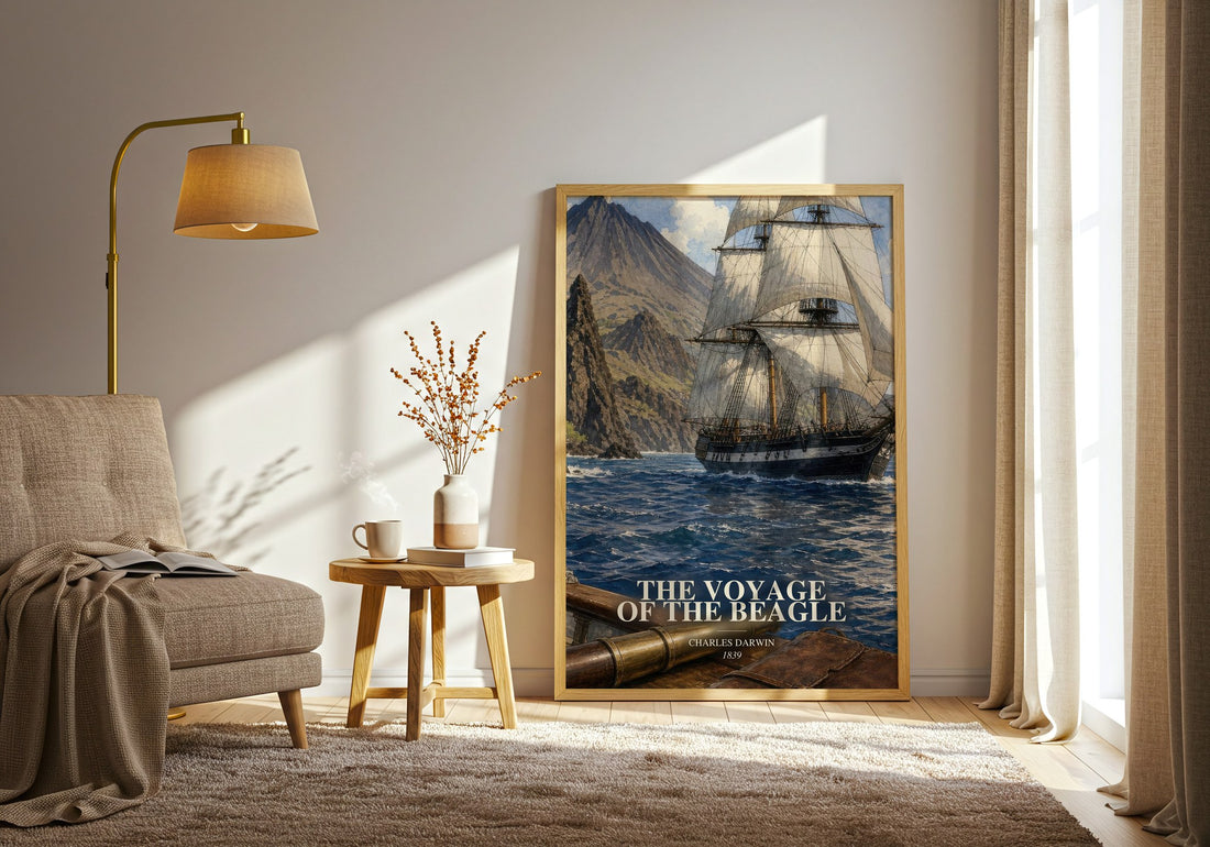 The Voyage of the Beagle watercolour print in frame leaning in hallway – non fiction wall art