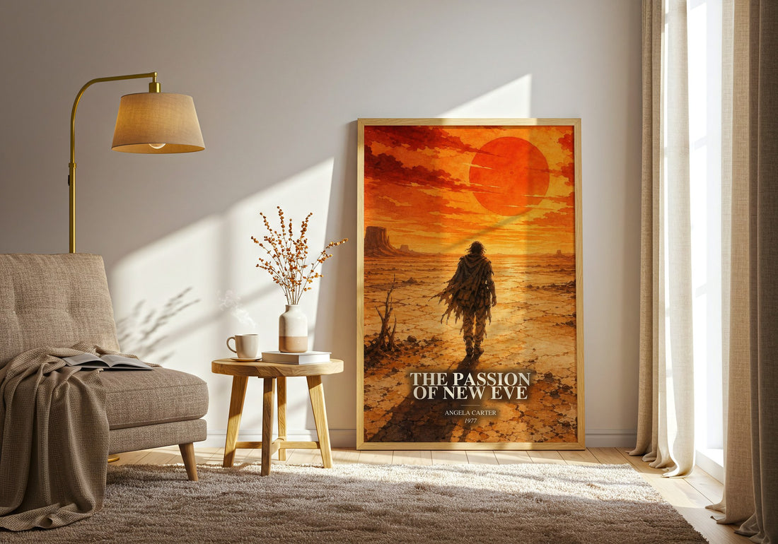The Passion Of New Eve watercolour print in frame leaning in hallway – literary fiction wall art