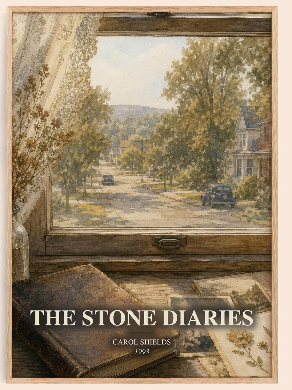The Stone Diaries watercolour book poster by Carol Shields – framed literary art print