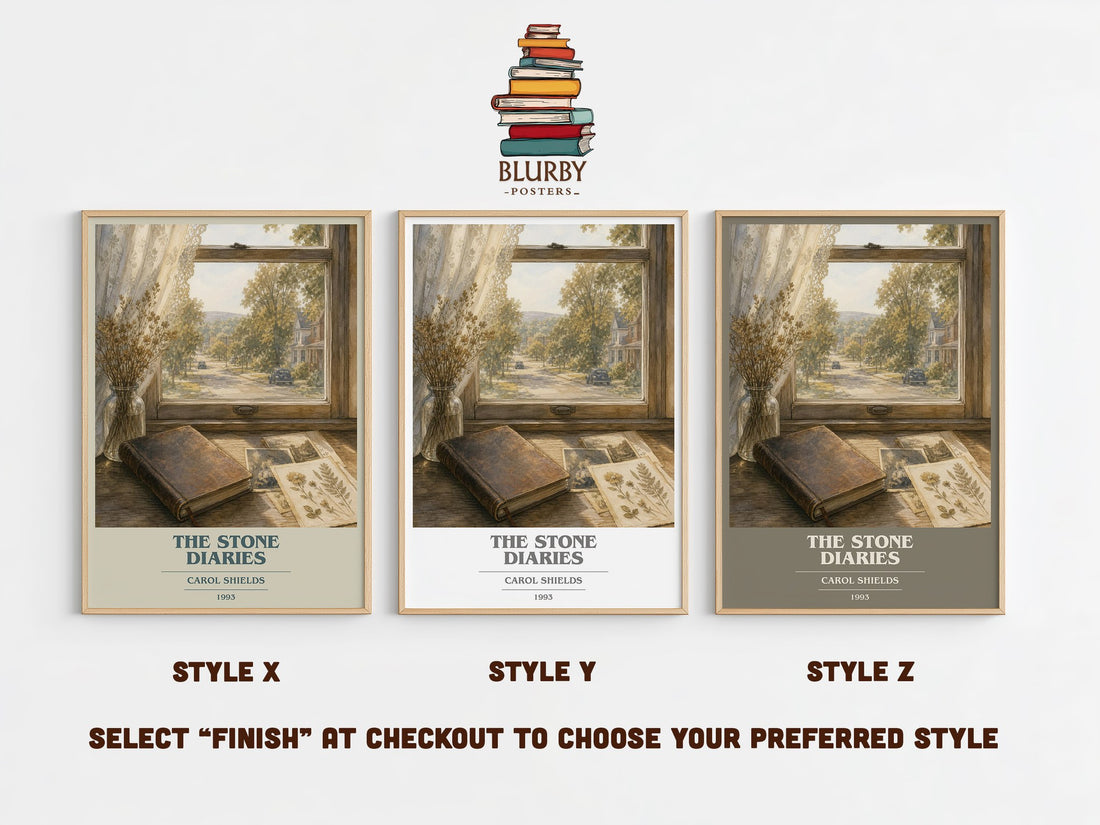The Stone Diaries book cover print in frame leaning in hallway – literary fiction wall art (mockup)