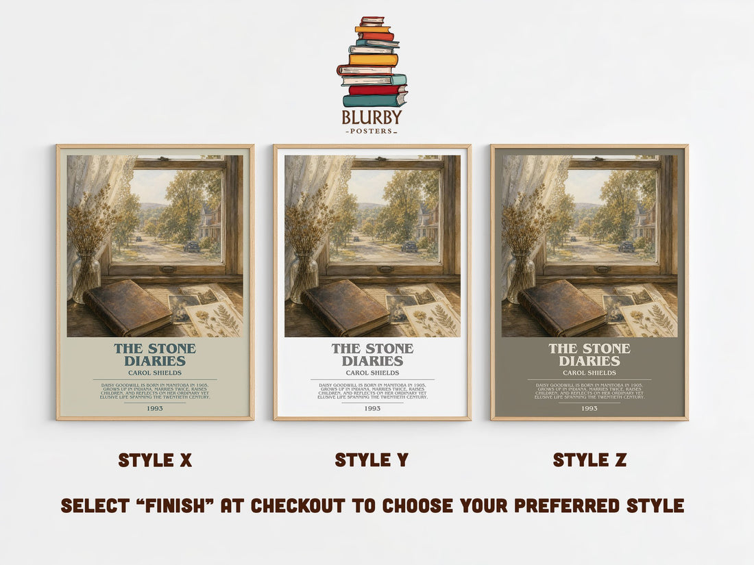The Stone Diaries Bookish Wall Art by Carol Shields – Style X, Y and Z side by side – choose your finish