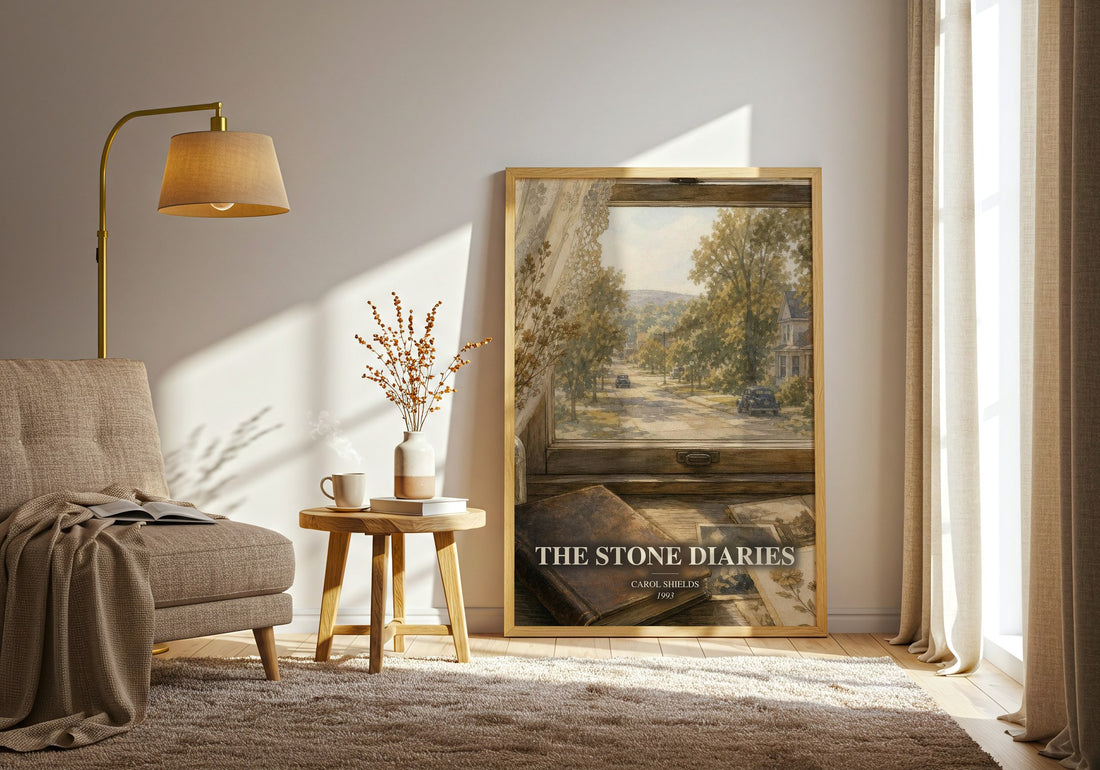 The Stone Diaries watercolour print in frame leaning in hallway – literary fiction wall art