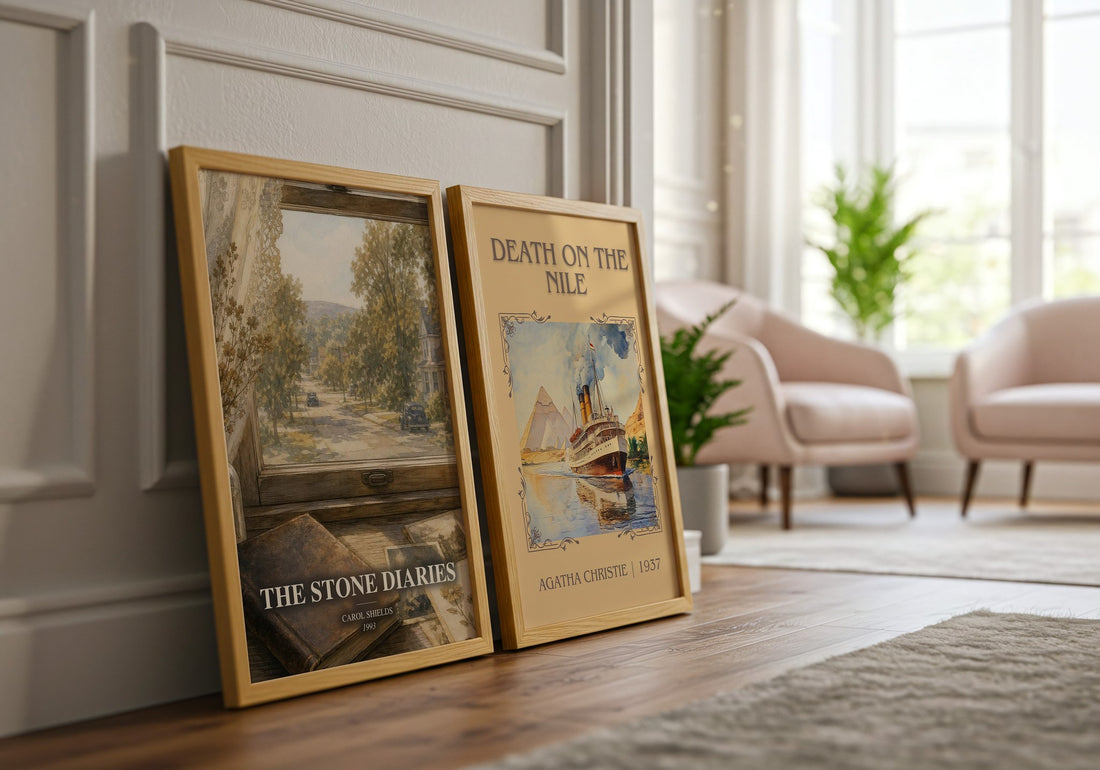 The Stone Diaries watercolour print framed by window – literary home decor