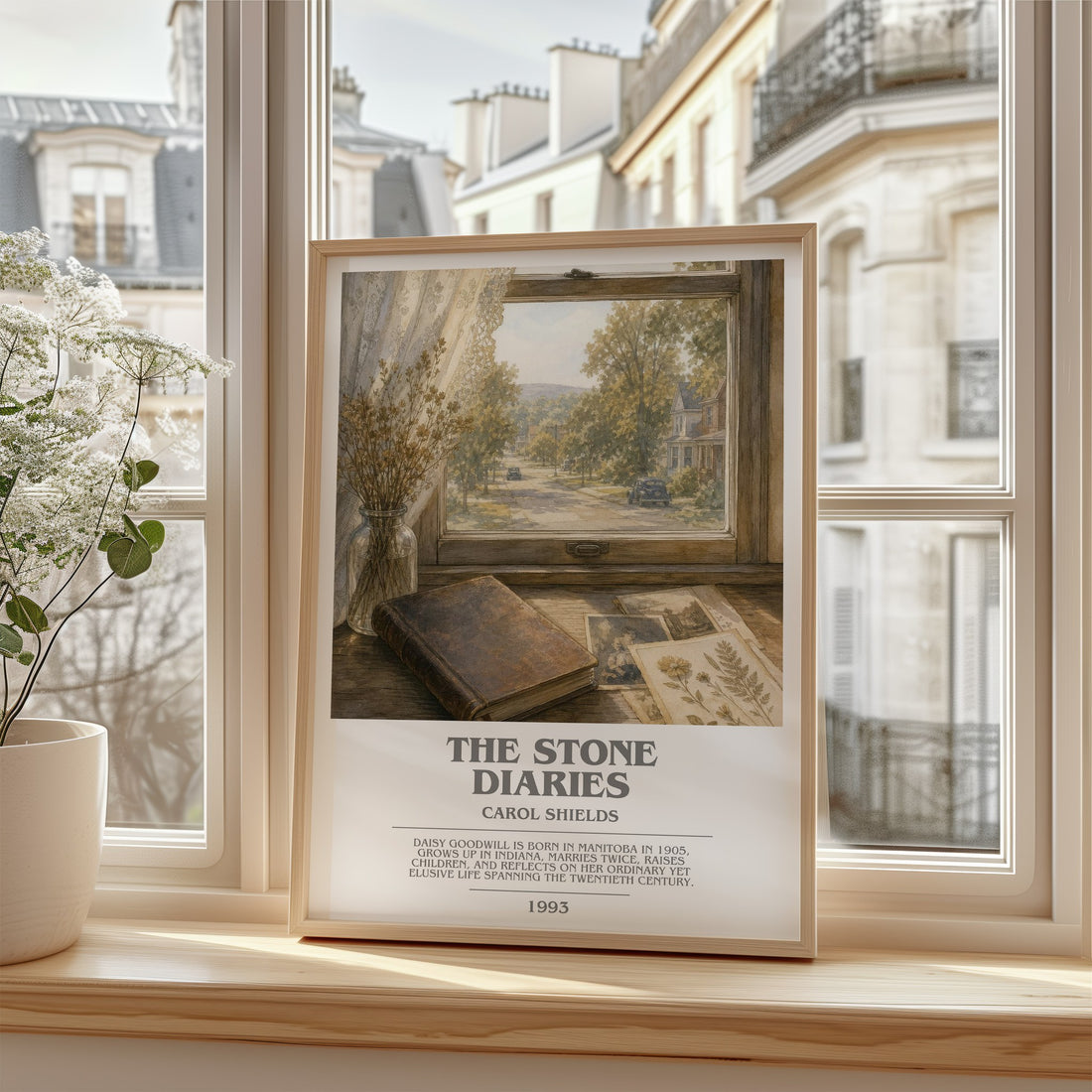 The Stone Diaries Bookish Wall Art by Carol Shields – framed print by a bright window