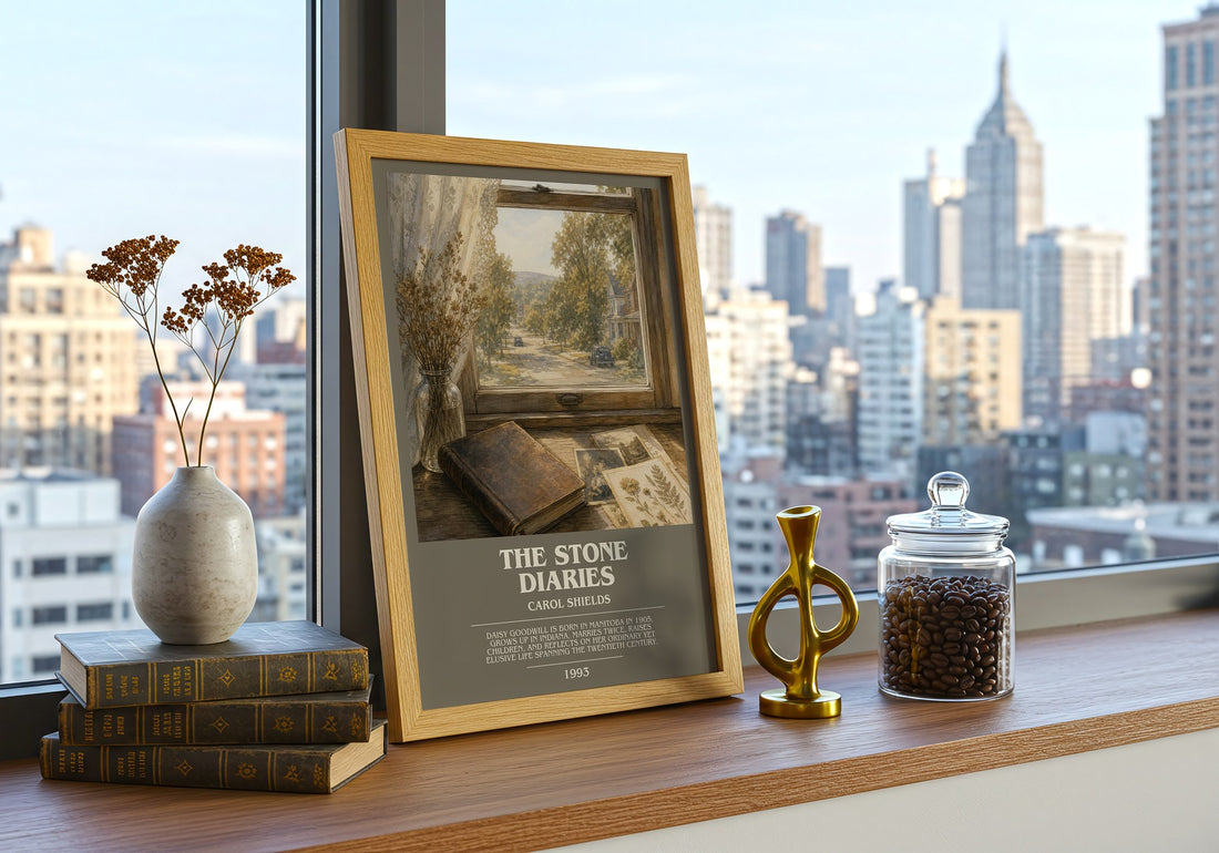 The Stone Diaries Bookish Wall Art by Carol Shields – framed print on a city-view windowsill