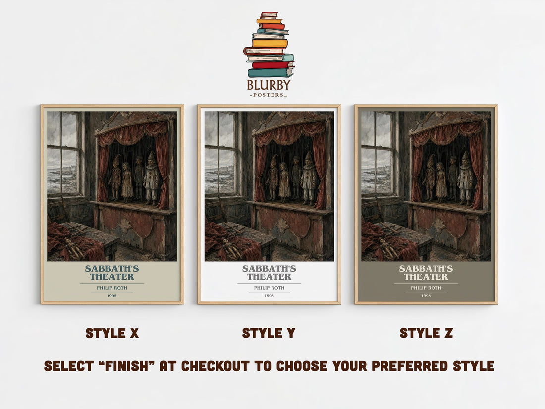 Sabbath's Theater book cover print in frame leaning in hallway – literary fiction wall art (mockup)
