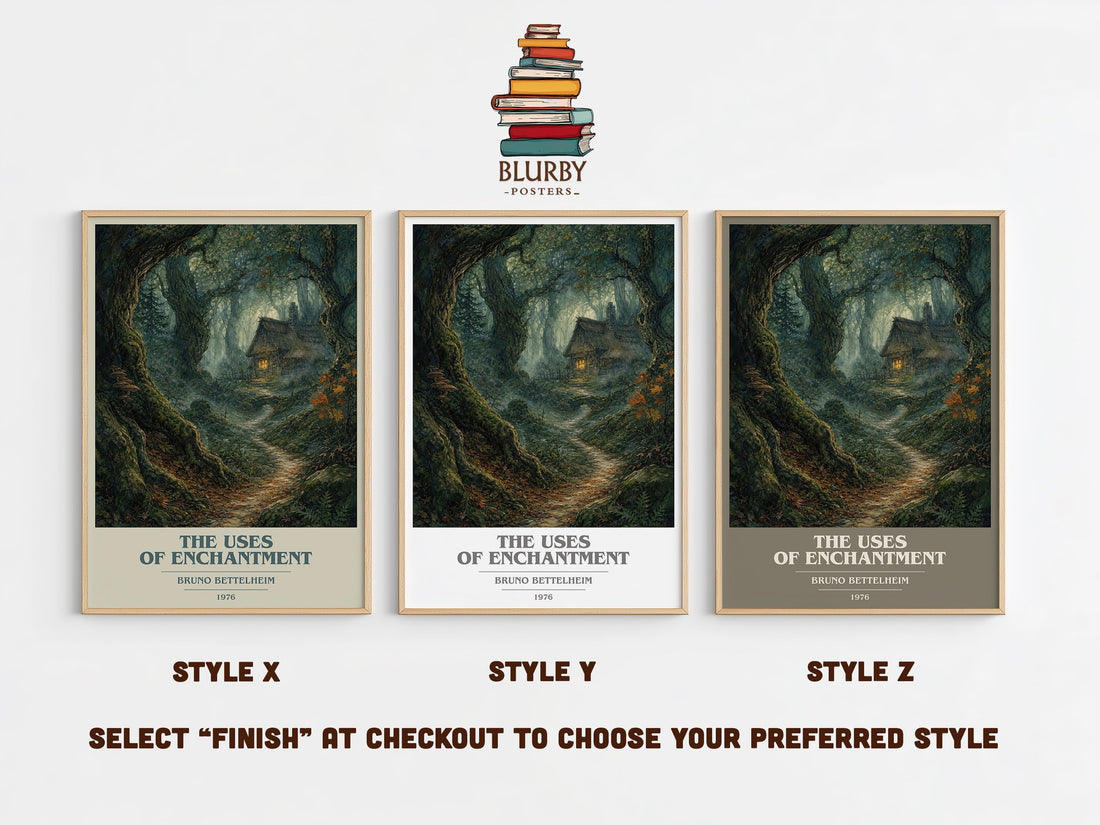 The Uses of Enchantment book cover print in frame leaning in hallway – __new__:educational wall art (mockup)