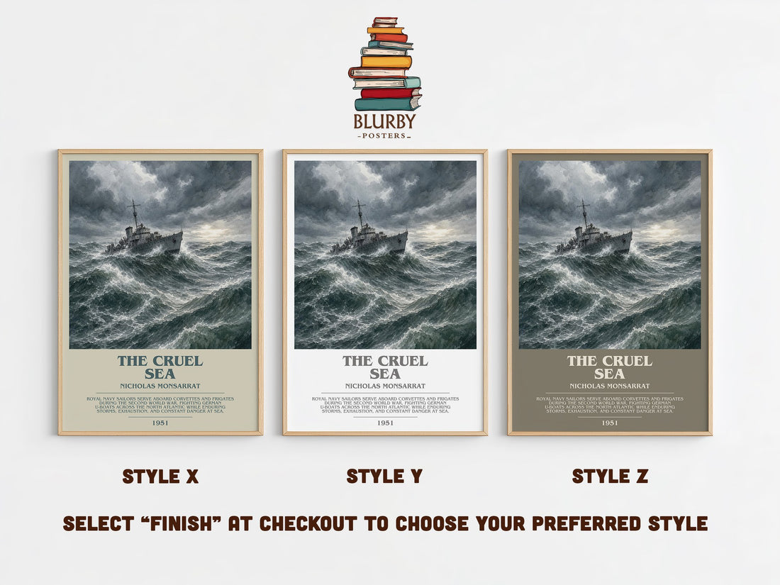 The Cruel Sea Bookish Wall Art by Nicholas Monsarrat – Style X, Y and Z side by side – choose your finish