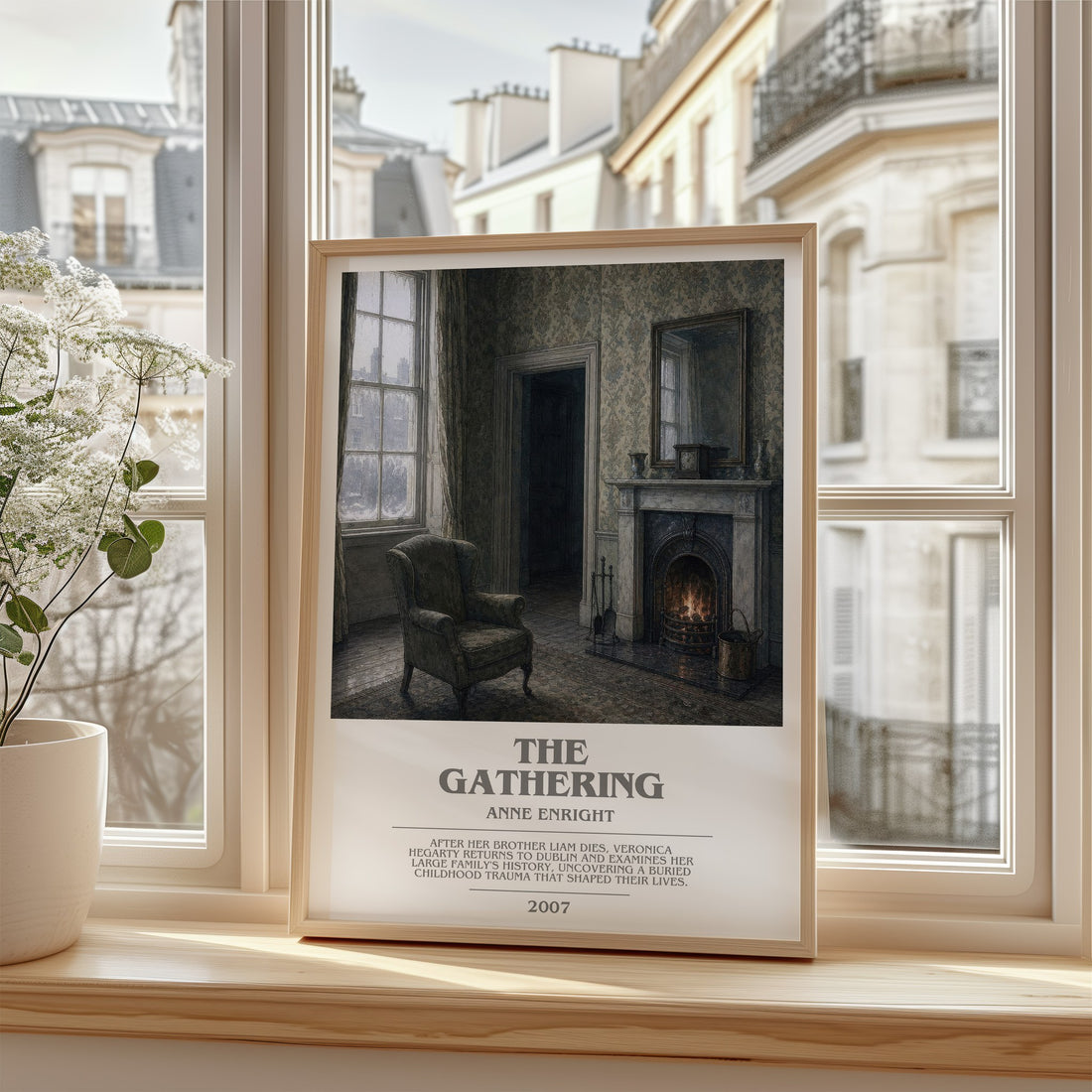 The Gathering Bookish Wall Art by Anne Enright – framed print by a bright window