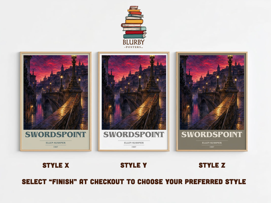 Swordspoint book cover print in frame leaning in hallway – fantasy wall art (mockup)