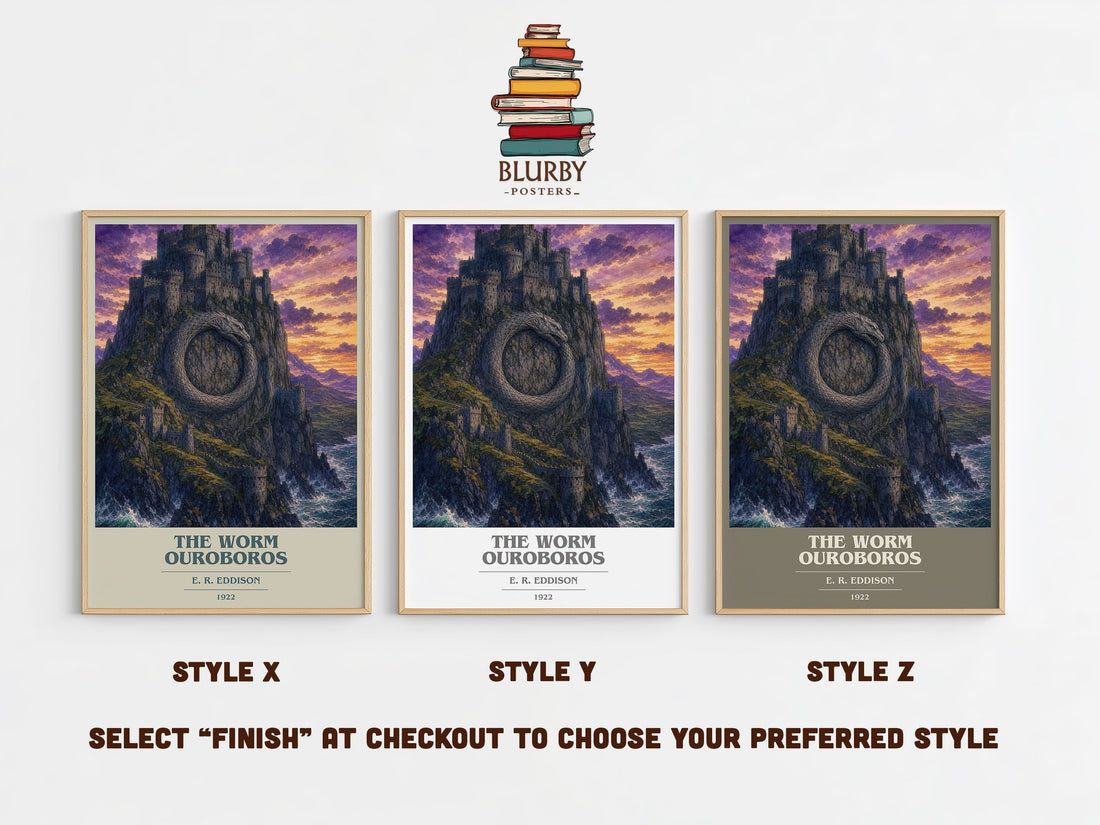 The Worm Ouroboros book cover print in frame leaning in hallway – fantasy wall art (mockup)