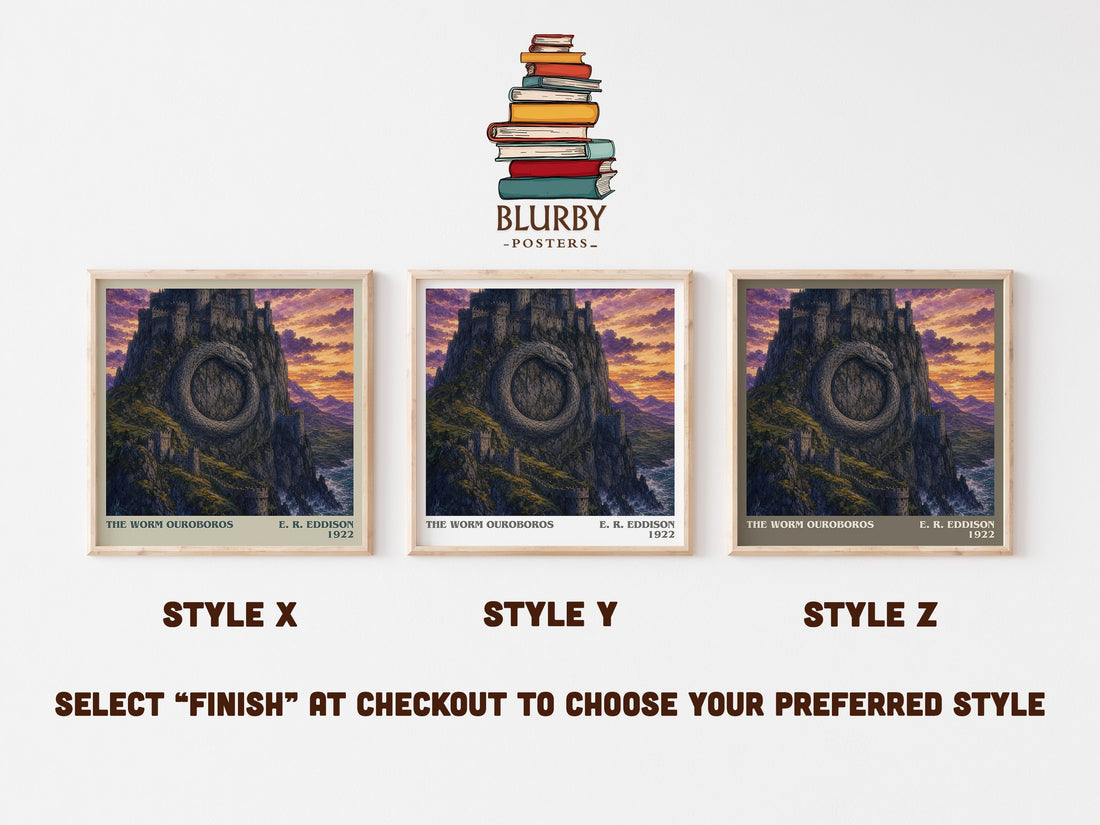 The Worm Ouroboros literary print in frame leaning in hallway – fantasy wall art (mockup)