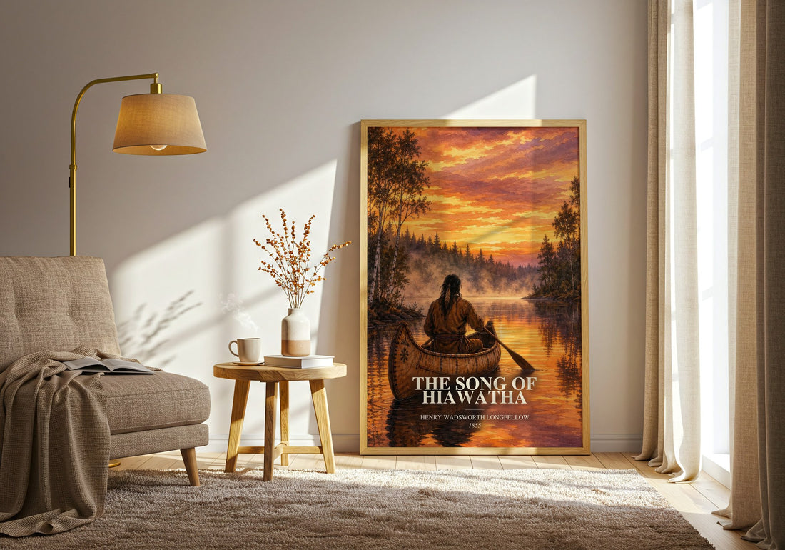 The Song of Hiawatha watercolour print in frame leaning in hallway – poetry wall art
