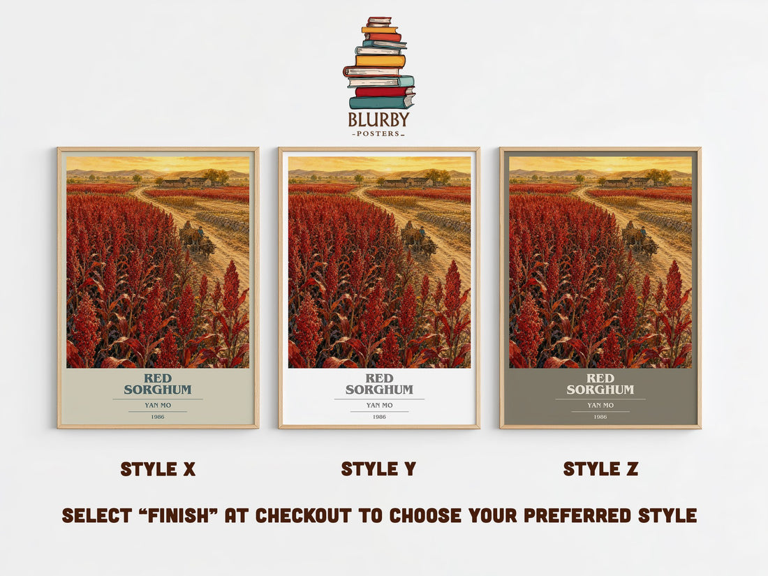 Red Sorghum book cover print in frame leaning in hallway – historical fiction wall art (mockup)