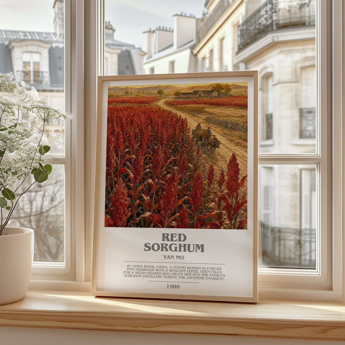 Red Sorghum Bookish Wall Art by Yan Mo – framed print by a bright window